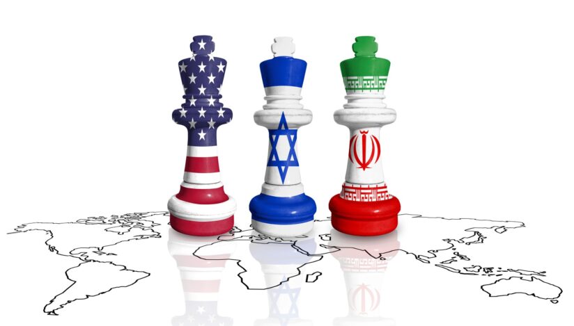 Chess made from USA, Israel and Iran flags on a white background Conflictul Iran Israel-SUA